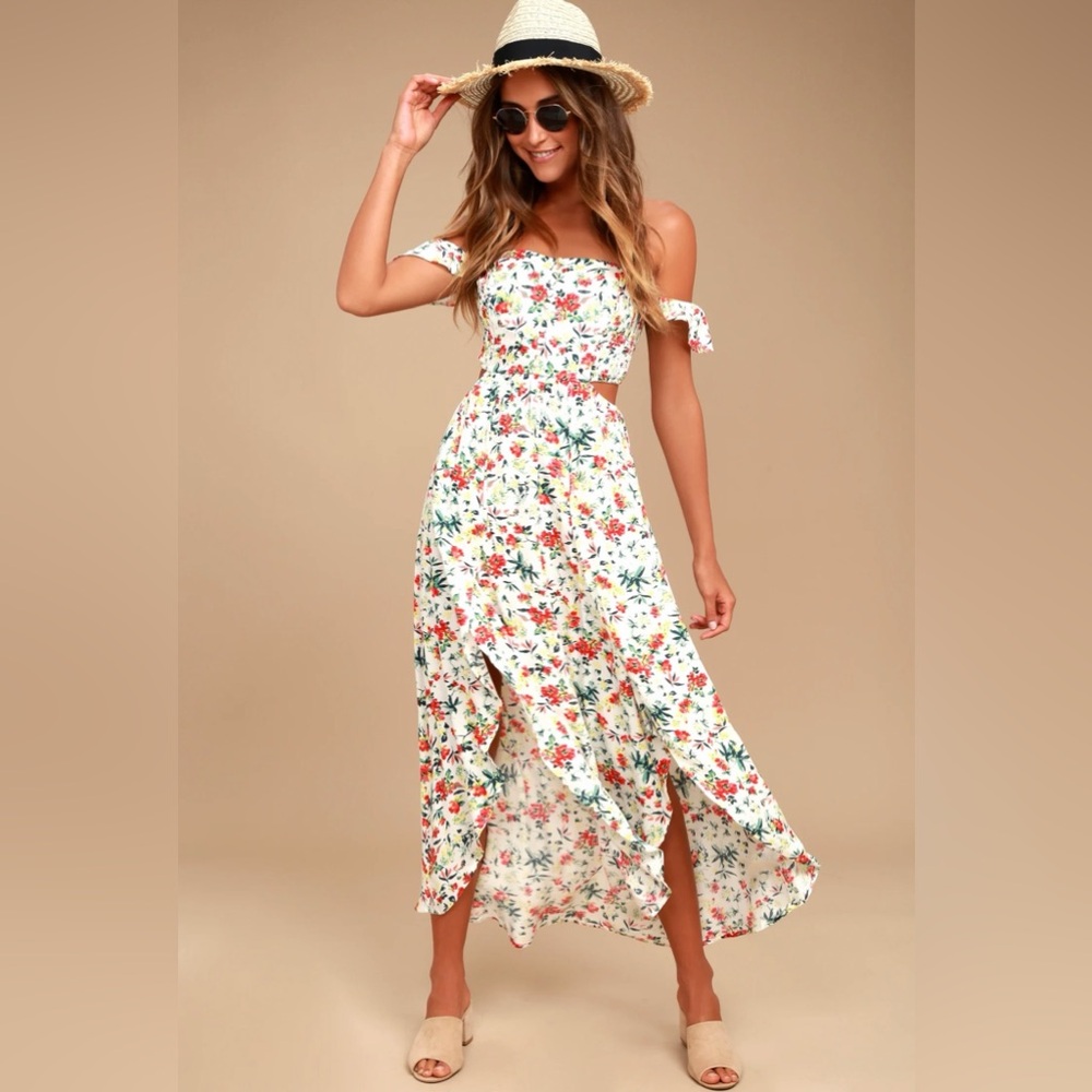 Lush/Lulus Strapless Floral Dress in White and Red | NWOT